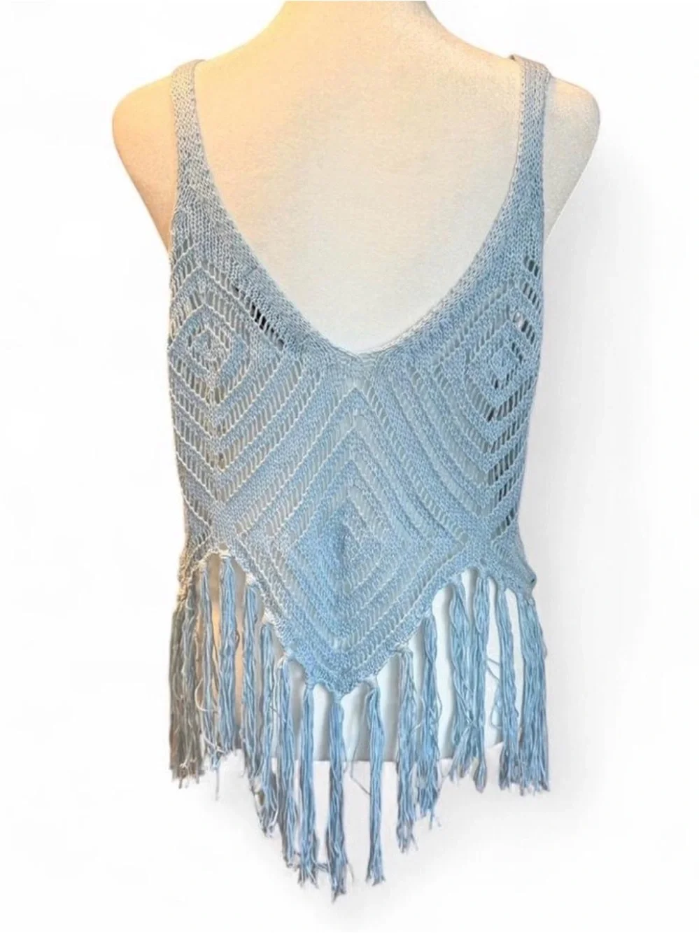 Y2K Baby Blue Crochet Fringe Tank Top Festival Fairy Boho - Picture 3 of 6